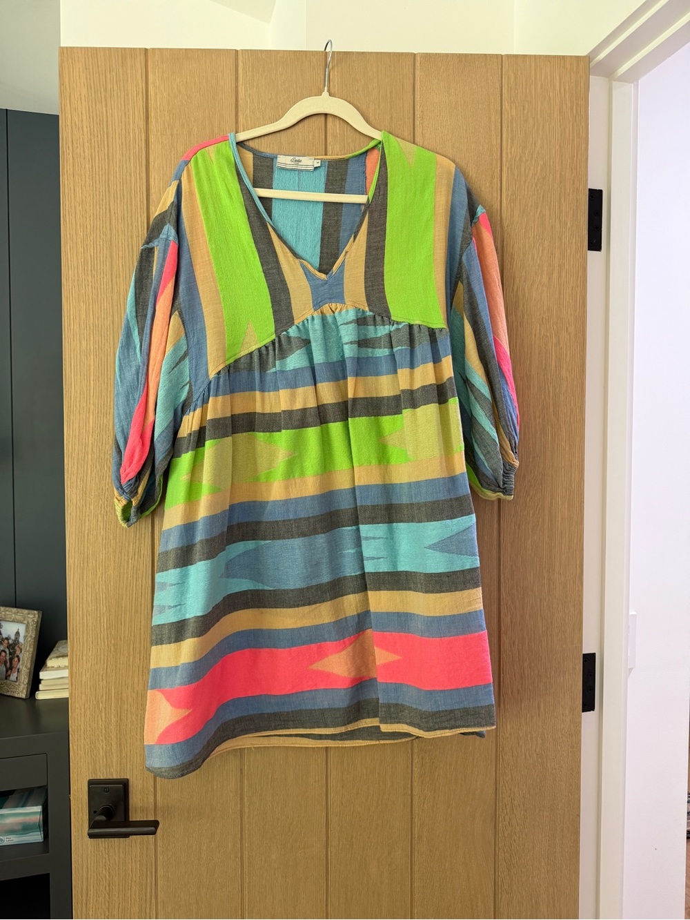 Devotion TWINS Multicolor Striped V-Neck Tunic — Neon Green, Coral & Aqua